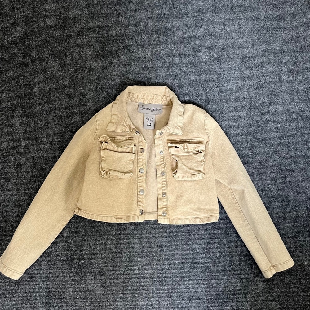 Spoon Jeans Tan Khaki Cropped Denim Jacket Girls 14 Cargo Pocket SP-5500MWK